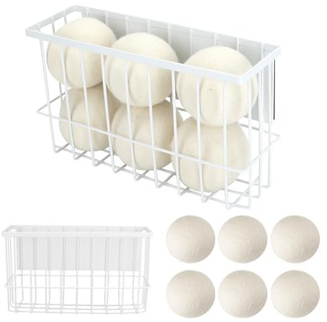 FARQAN 6 XL Wool Dryer Balls Plus Magnetic Dryer Ball Holder for Laundry Room Organization and Storage, Magnetic Lint Bin for Laundry Room, Iron Dryer Ball Container for Laundry Room Storage