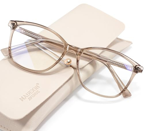 Madison Avenue Square Vintage TR90 Blue Light Blocking Reading Glasses for Women with Case, Anti Glare/Eyestrain Computer Readers Coffee Brown +1.0