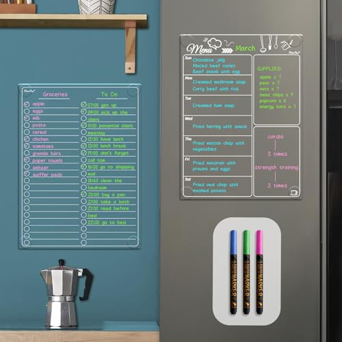 Clear Non-Magnetic Meal Planner Set for Fridge - Dry Erase Transparent Menu and List Board - Sticks to Wall, Glass, Door, Any Smooth Surfaces