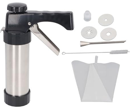 Churro Maker Machine, Stainless Steel Cookies Press Spritz Cookie Press Gun Kit with 3 Discs, 1 Cleaning Brush, Piping Bag, Icing Piping Nozzles