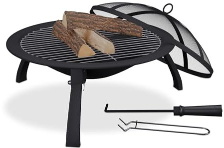 Relaxdays Brasero, Cuenco de 51 cm Ø, Patas Plegables, Rejilla para Asar, Antichispas, Atizador, Barbacoa Jardín, Negro, Acero, Plástico