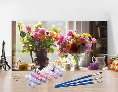 Large Paint by Numbers for Adults Flower Paint by Numbers Tea Set 70x140cm Color Canvas, Acrylic Oil Hand Art Crafts Kits Beginner, DlY Hobbies for Adults Women Gifts, Room Decor, Gifts for Men N5-822