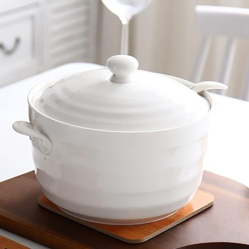 White Ceramic Soup Tureen with Lid - 2200ml Elegant Design for Home & Restaurant Kitchen Serving Dish Ideal for Soups and Stews