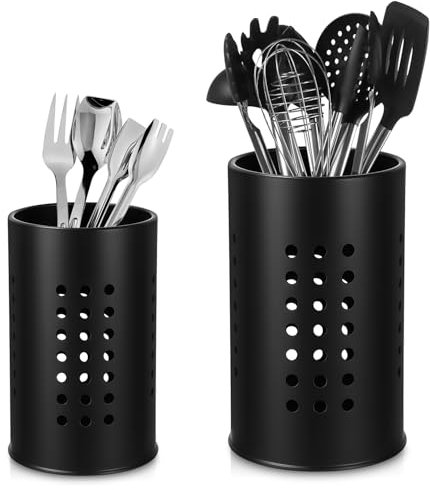 Soporte para utensilios de cocina, 2 Piezas Portautensilios, Utensilios Negros de Acero Inoxidable, Escurridor de Cubiertos Acero Inoxidable, recipiente para utensilios