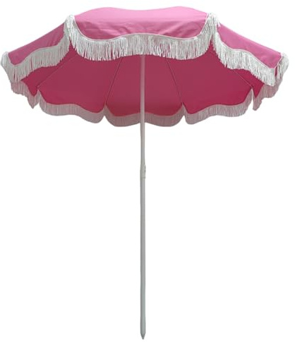Fringed Garden Parasol Pink,Outdoor Beach Umbrella,Patio Umbrella,Outdoor Table Umbrella,Market Umbrella With 8 Sturdy Ribs,Height Adjustable (Pink 200cm)