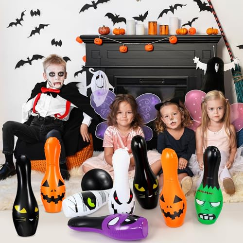 Soulchen 7 Pcs Giant Halloween Inflatable Bowling Set, Includes 6 Giant 24.4″ Pins, 1 Piece 7.8″ Ball, Jumbo Halloween Bowling Games Set for Outdoor Indoor Family Activities Decor