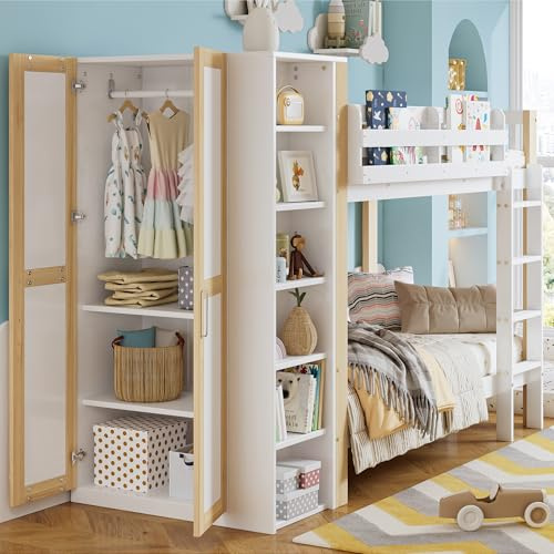 Azkoeesy Letto a castello con armadio e libreria - scaffale - scaletta - sponda - 90x200 cm, per 2 adulti e un adolescente, legno di pino, colore bianco