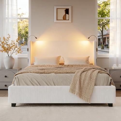 Polsterbett 140x200 cm, Doppelbett mit LED-Leseleuchte und USB, Hydraulisch Stauraumbett, Jugendbett mit kopfteil und Lattenrost, Bettrahmen, Cordstoff (Beige,140 x 200 cm)