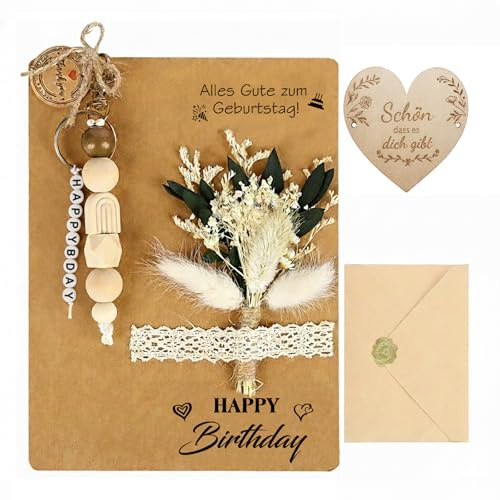 XIAZHDZ Geburtstagskarte Beste Freundin mit Trockenblumen - Boho Geschenk Freundin Geburtstag inkl. Schlüsselanhänger Makramee Stil & Holzherz - Besonderes Geschenk Geburtstag Frau