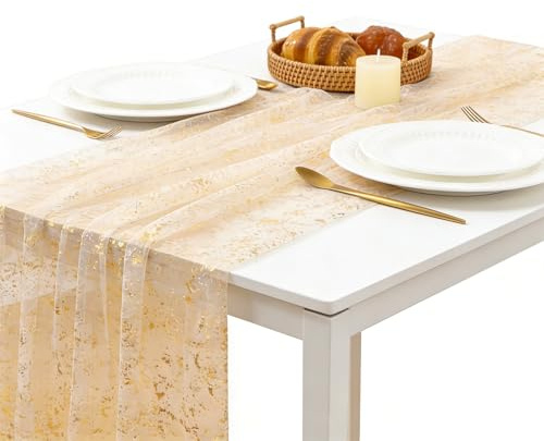 Käsetuch Tischläufer Gold 70x300cm, Glitzer Tischdeko mit Goldfolie und Silberfolie für Hochzeit, Party, Empfang, Events und Festliche Tischdekoration aus Netzstoff