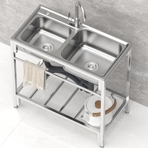 Fregadero Exterior de Acero Inoxidable con 2 Cubetas (83x45x85cm) - Estante de Almacenamiento e Incorpora Grifo de Agua Fría y Caliente para Jardín,Ideal Hostelería