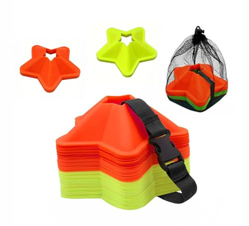 DFXIU Set di 20 coni da allenamento per calcio, con stella marcatore, attrezzatura per allenamento sportivo, attrezzatura da allenamento con cinghia e borsa a rete per il trasporto, arancione e verde