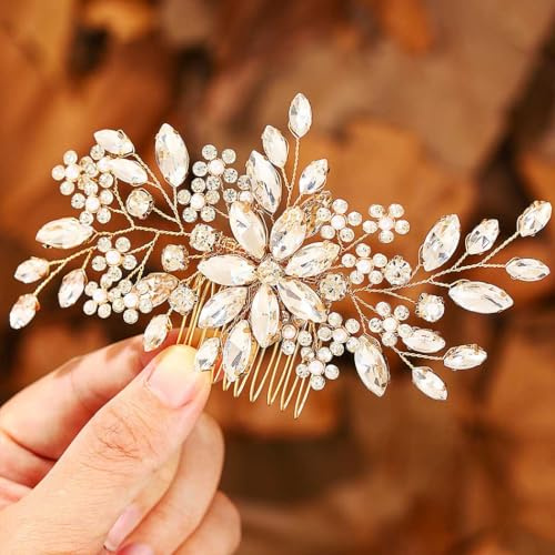 IYOU Peinetas para cabello de Mujer Elegantes Cristal para Novias Peineta Dorada Flores Tocado Boda Accesorios para el cabello Damas de Honor Perlas