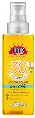 Prep, Lozione Solare Invisibile, SPF30, Con Vitamina E, Succo di Aloe Biologico, Protegge dai Raggi UVA/UVB, Pelle Morbida e Protetta, Water-Resistant, 175ml