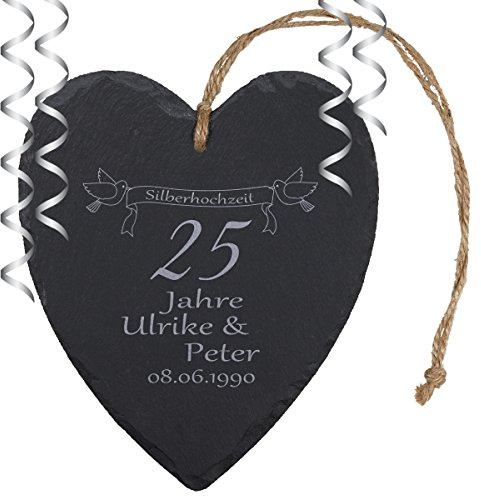Geschenke 24 Schieferherz „Silberhochzeit“ - individuelles Herz aus Schiefer mit Namen - Geschenk für Ehepaare zu 25. Ehejubiläum