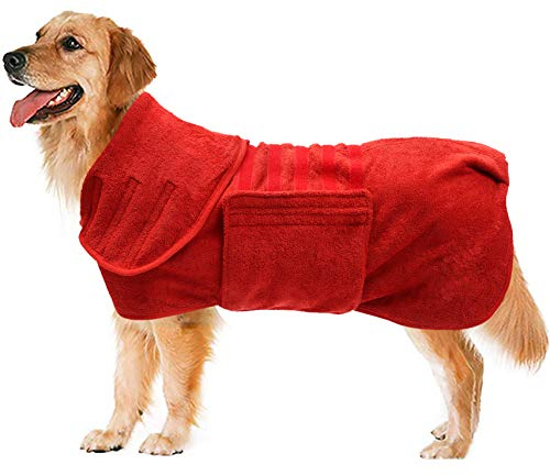 Dog drying coat robe dressing gown towel pet bathrobe super absorbent anxiety relief designed fit for small medium large breeds - Red - M
