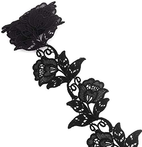 FQTANJU 5Yards Floral Motifs Boho Black Lace Applique Trim Sequins Flower Embroidery Applique Sewing Craft