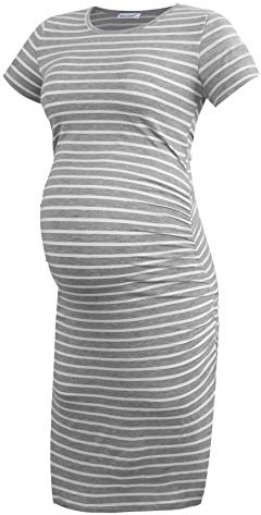 Smallshow Women's Short Sleeve Maternity Dress Ruched Pregnancy Clothes Medium Light Grey Stripe