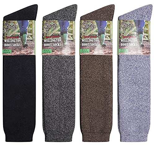 Soxy Mens Wool Blend Long Wellington Boot Socks - 4 Pack - Welly Socks - The Original Wellie Sock - Festival Walking Hiking Thermal Socks - Assorted Colours - UK Shoe Size 6-11