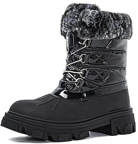 GLOBALWIN Snow Boots for Women Comfortable Winter Boots For Women Waterproof Fluffy Faux Fur Black Ankle Booties Water-Resistant Short Boots For Women Warm Fur Boots, Lace-Up Outdoor Shoes 8M