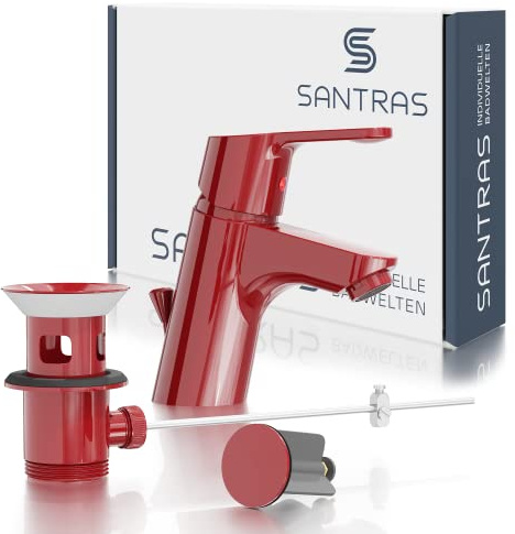 SANTRAS® Bathroom Wash Basin Mixer Tap in Red (RAL 3003, Glossy) with Pull Rod & Eccentric Drain Fitting - Single Lever Mixer Tap Hot/Cold for 1-Hole Sink - Tap with Drain Fitting