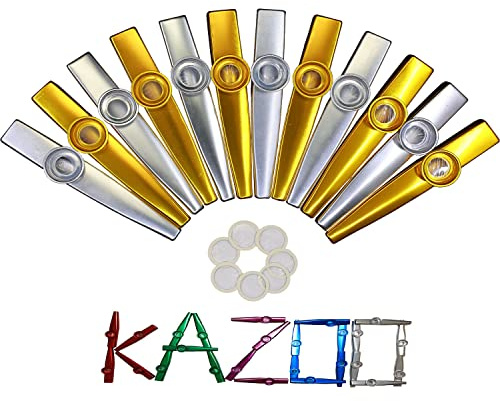 Crystaljun 12 kazoo in metallo oro e argento con 20 diaframmi per flauto kazoo, strumenti musicali, ottimo regalo per bambini, un buon compagno per chitarra, tastiera di pianoforte, ukulele, violino.