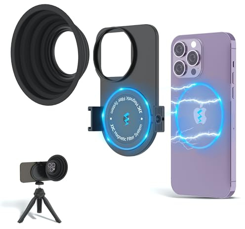 JJC 49mm Magnetic Lens Filter Mount Adapter for iPhone 13 Pro Max 14 Pro Max 15 Pro Max with MagSafe Case, Magnetic Filter Base with Cold Shoe Mounts & Silicone Lens Hood (Filters Not Included)