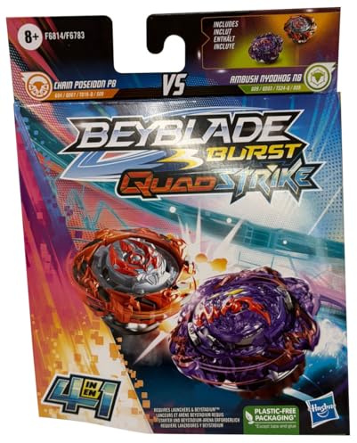 Beyblade Burst QuadStrike Dual Pack, 2-pack Ambush Nyddhog N8 och Chain Poseidon P8 tävlingssnurror