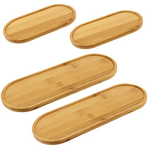 ZOENHOU 4 PCS Oval Bamboo Trays, 2 Sizes Wood Serving Plate Small Tea Trays, Solid Wood Serving Platter Wooden Tray for Tea or Coffee, Coaster, Dessert, Succulent Tray, 17.5x 8.8CM & 28 x 10CM