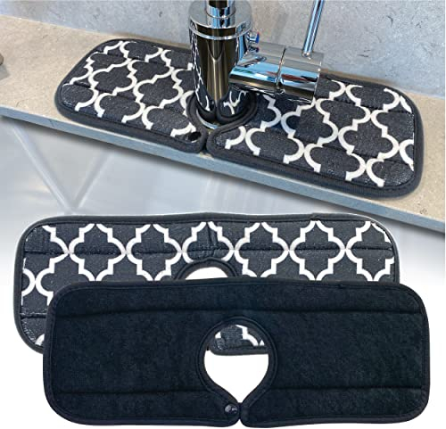iChewie - Sink Counter Faucet Mat for Kitchen Sink - Splash Guard, Absorbent Sink Mat, Drip Catcher, Machine Washable, Microfiber Drying Cloth w/Button (2 Pack, 37.5cm x 14cm / 14.75 x 5.5)