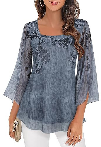 Womens Ruffle Flowy Blouse Tunic Tops,3/4 Sleeve Chiffon Blouse Ladies Long Tops Ladies Blouses Size 14 Ladies Long Length Tops Half Sleeve Tops Women Ladies Floral Printed Dressy Tops