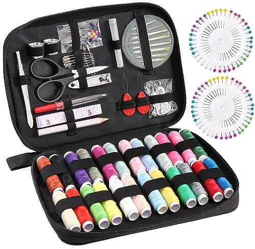 Frendour Nähset,Reise Nähzeug mit 140er Nähzubehör Set, DIY-Premium-Nähzubehör für Erwachsene, Anfänger und Notsituationen.Nähsets mit 24 Spulen Faden, Nähnadeln und Aufgewertete Schere.