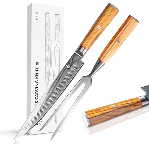 FUJUNI Damast Tranchier-Set mit Gabel, 2-teilig, Fleischmesser Mit Extrem Scharf 22,5cm Klinge Aus 67 Lagen Vg-10 Damaststahl, Gabel 28,7 cm, Olivenholzgriff, Geschenkbox