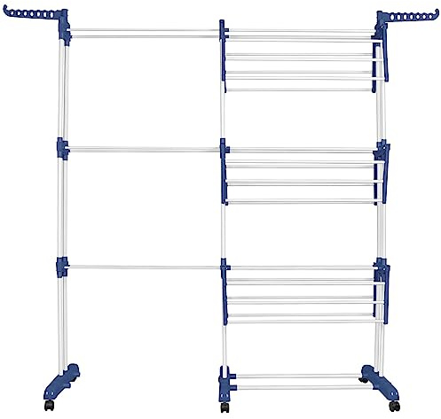 THINFAR Tendedero Secador de Ropa Tendedero Plegable Alas Laterales de 3 Niveles para Uso Interior/Exterior (75-142,5 x 64 x 170 cm, Azul y Blanco)