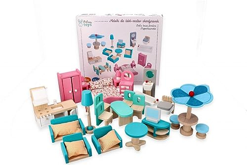 Puppenhaus-Möbel, Großes Möbelset, aus Holz, skandinavisches Set - Möbel für Wohnzimmer, Küche, Esszimmer, Lounge, Schlafzimmer und Terrasse - Stoffkissen - Einrichtung für eine gesamte Puppenstube