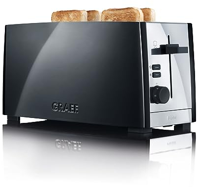 Graef 4 Slice Black Toaster, Cool to Touch Heat Insulated Housing, Warming Rack, Bun Attachment, Cable Rewind, Extra Lift for Toast Removal, Defrost & Stop Button .T0102