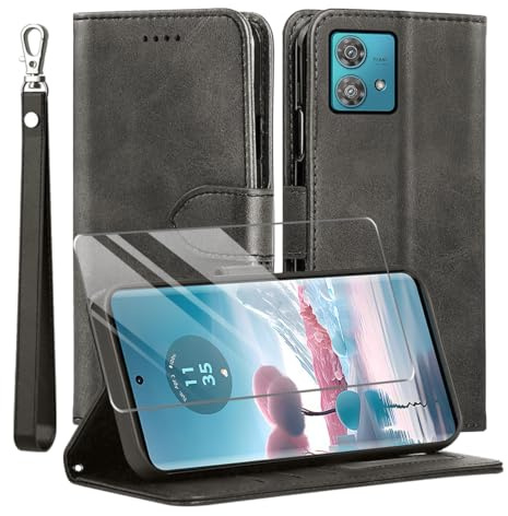 MQERYBV Funda para Motorola Edge 40 Neo con Protector de Pantalla, Flip Magnético Cuero PU Carcasa, TPU Libro Tapa Funda, Ranura Tarjeta Soporte Cover, Cierre Magnético, Negro.