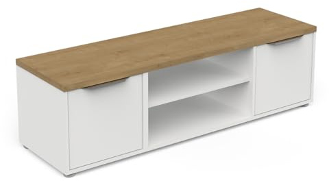 Meuble TV en Bois 2 Niches et 2 Portes – Style Scandinave – Coloris Blanc Mat & Chêne Hamilton - 135 x 39 x 40 cm