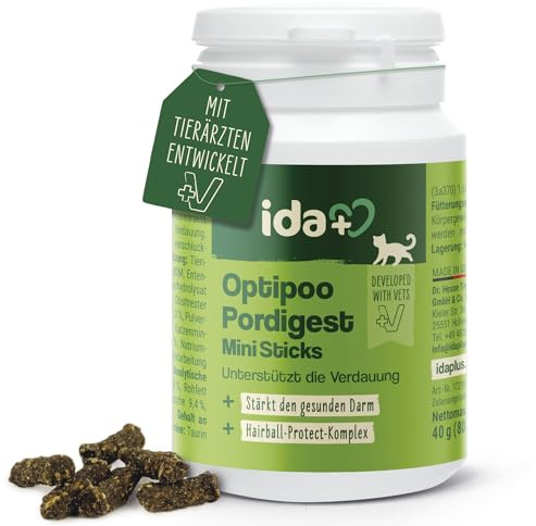 Ida Plus Optipoo Prodigest Mini Sticks - bei Darmsanierung für Katzen - Anti Hairball für Katze - leckere Katzen Snacks - Unterstützt den Katze Darm - Anti Haarballen bei Katzen Fell Pflege - 40g