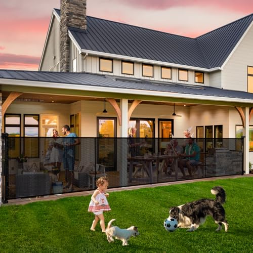 Retractable Baby Gates - 200 Extra Wide Retractable Dog Gate, 42 Extra Tall Mesh Gate Pet Gate with Support Rods, Long Child Safety Gate for Stairs Doorways Indoor Outdoor Large Openings - Black