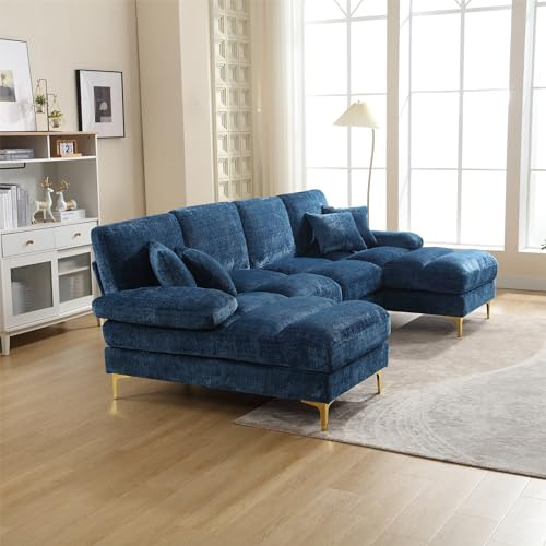 Sofá seccional moderno de tela de chenilla grande en forma de U (azul)