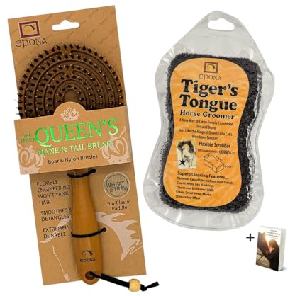 Epona Tigers Tongue Horse Groomer & The Queens Brush Set - Grooming Scrubber Sponge & Hair Brush for Removing Dirt & Dander on Horse's Mane & Tail - for Equestrians and Horse Owners, with E-Book