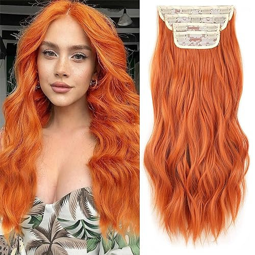 Xtrend 20 Zoll Auburn Clip-in Haarverlängerungen - Synthetische Haarteile für Frauen und Mädchen, 4 Stück, Volles Set, Dick, Lockig, Wellig, Orange (350#)