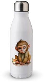 MAXIKIWI - Single Wall Water Drinking Bottle with Screw Cap, Non Insulated Lightweight Aluminium, BPA Free, Leak-Proof - Baby Monkey Watercolor - 500ml