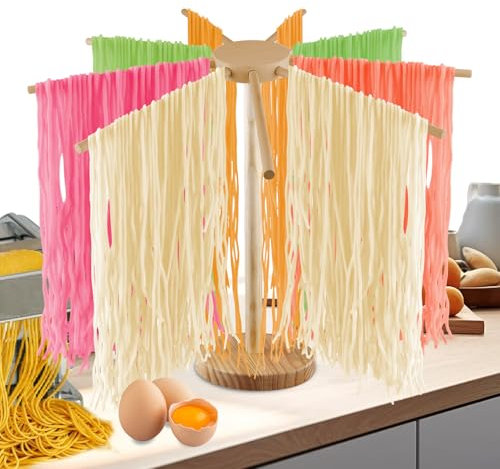 SPORWAY Secador de pasta de madera: secador de pasta plegable de madera con 9 brazos extraíbles para hasta 4,5 kg, versátil y reutilizable, soporte para pasta con base, plegable para pasta casera