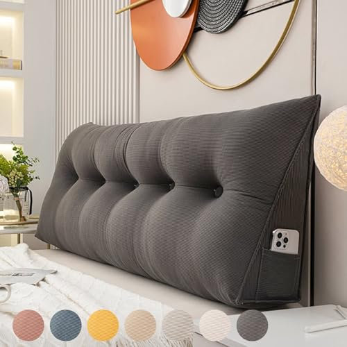 Rückenkissen Bett 200cm Dunkelgrau, Große Bettkissen Rückenlehne Kissen Wand, Cord Keil Kopfteil Kissen Rückenstützkissen, Wasserdicht Rückenpolster Wand, Waschbar Dreieckige Rückenstütze mit Tasche