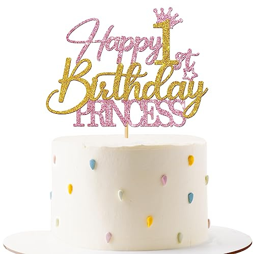 Princess 1st Birthday Cake Topper - Baby Shower - Happy 1st Birthday Cake Supplies - Girl One Year Old Birthday Party Decorations - Pink & Gold Glitter