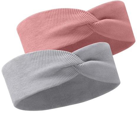 Bubalove - SET 2 x Baumwollstirnbänder für Mädchen und Neugeborene, Baby Haarschmuck, Stirnband, handgenähte Stirnbänder für Mädchen - 46–52 cm / 2-10 Jahre - Pfingstrose und Grau