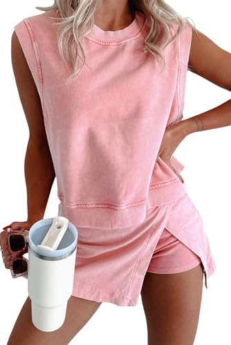 KevaMolly Women 2pc Mineral Wash Athletic Lounge Tank Skirt Set Pink M | Soft mineral wash cotton,Breathable.Relaxed lined split skirt.Ideal for travel,lounge,gym,workout casual daily wear