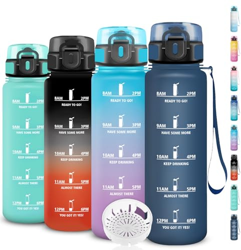 Grsta Botella Agua 1 Litro, Botella Agua Gimnasio con Marca de Tiempo,a Prueba de Fugas, Fácil de Transportar, Cantimplora con Marca de Tiempo, Cantimplora Infantil para la Escuela, Camping, Deportes